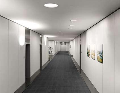Combining wall lights with ceiling lights and arranging the luminaires in various groups avoids emphasising the long, drawn-out area. Pozzo recessed, Wall 2 and Pleiad LED Wallwasher. 1.