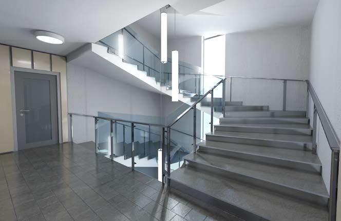 Stairwell Safety is at the fore in the stairwell. Relatively high light levels ensure that people walking on the stairs can easily distinguish steps, landings and handrails.
