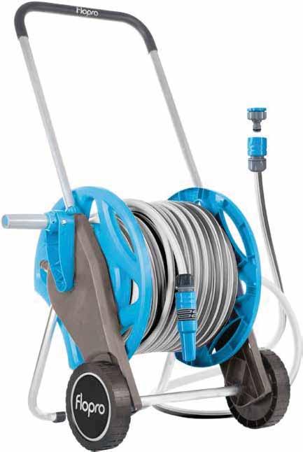 reinforced hose on wheeled cart for superior performance Flexible Anti-twist V resistant Algae resistant Temperature range: -/+60 C Cart features & reinforced wheels, designed to ensure hose does not