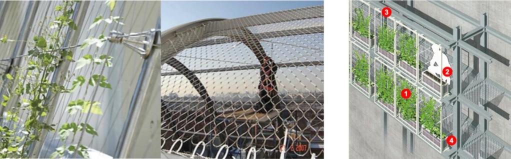 Fig. 3 (left), Cable and wire-rope net systems, (Source: Green roofs organization, 2008) Fig. 4 (right), Indirect greening system combined with planter boxes, 1.Containers 2.Insulated container 3.