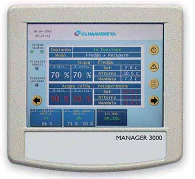 3.8 Group regulation device MANAGER 3000 FX-FC Manager3000 allows the regulation within a group of hydronic units. The controller features high-level algorithms and user interface.