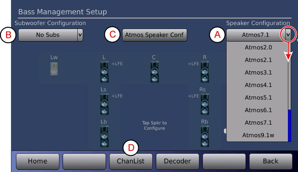 PGE 6 of 10 DEPRTMENT Figure 10 Bass Management Screen. Speaker Configuration.