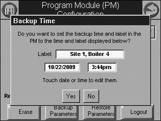 833-3640 PROGRAM MODULE Backup Data A 20 character label, date, and time can be entered in the Label field. This name appears when the Backup Parameters button is pressed.