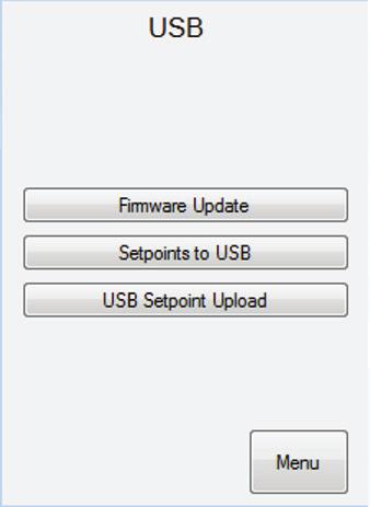 MAIN USB FUNCTIONS SCREEN Updating Firmware & Setpoints Using USB USB Screen From the Administrator Settings Screen, press the < USB> icon. The USB Screen will appear. See Figure 20.