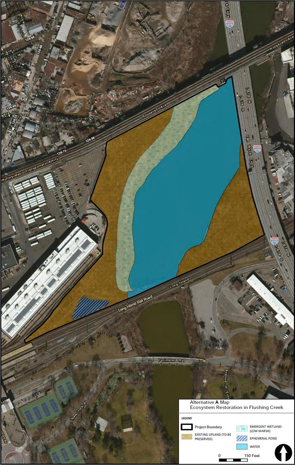 FLUSHING CREEK RESTORATION SITE Flushing Creek Tentatively Selected Plan Design: Re-grade existing common reed-dominated areas to create low salt marsh consisting of saltmarsh cordgrass (2.42 ac).