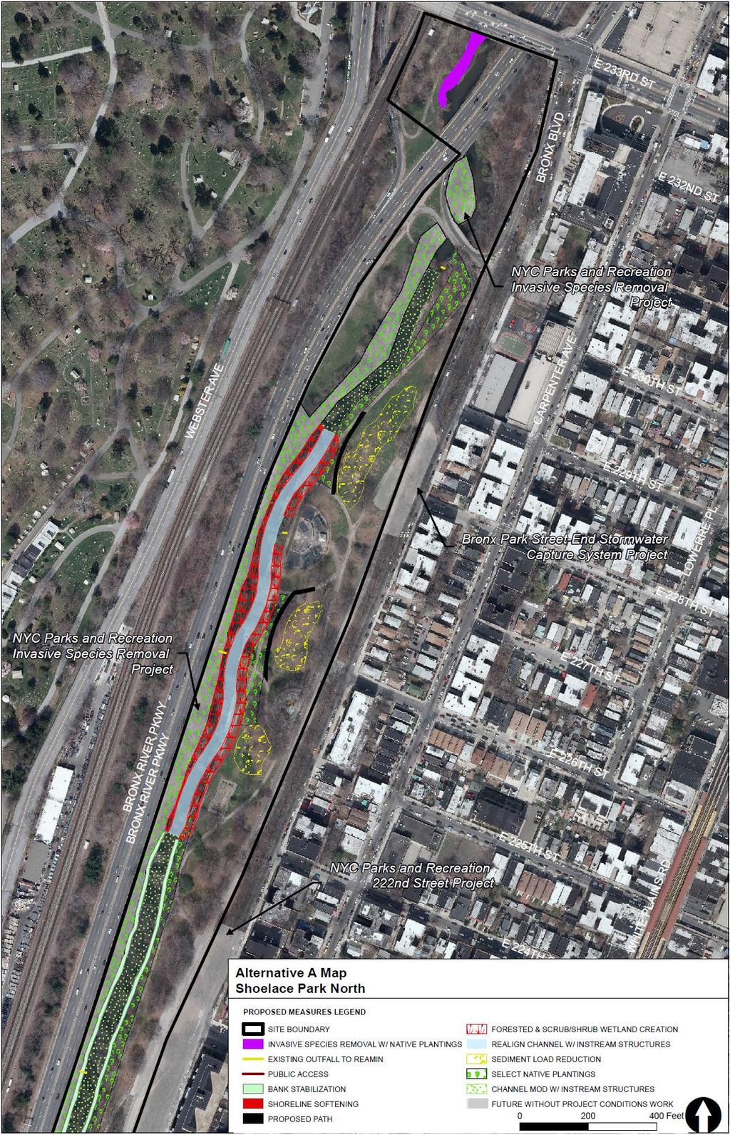 (North and South) Tentatively Selected Plan Design: Restoration of Bronx River reach to pre-industrialization conditions: realigns channel with natural meanders and restores large tracts of forested