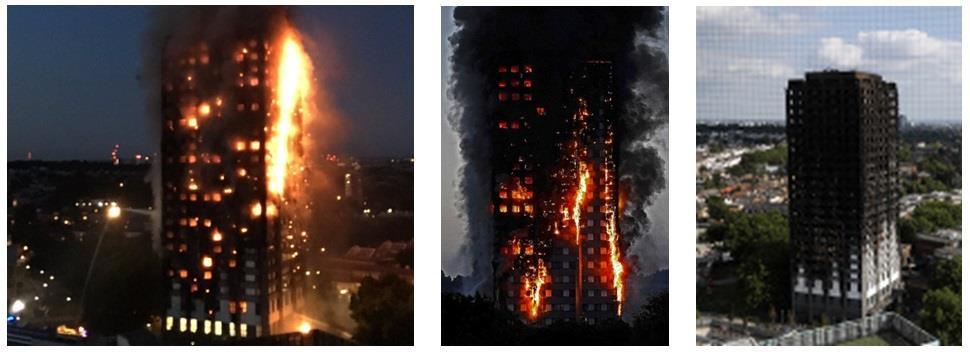 Obrázok 3 Priebeh požiaru výškovej budovy v Londýne [10]. Aplikácia horľavých materiálov na oplášťovanie budov je v poslednom čase preferovaná dizajnérmi a architektami [11].