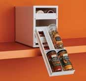 9" D Box, 4 per case 899869002818 Stores and organizes 18 full-size spice bottles Three drawers pull out and lower to display spices in full view for easy location and reach Compact unit saves