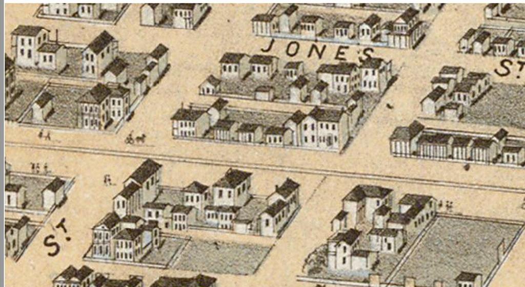 Map 3: Detail of Drie s Bird s Eye View of Galveston s Block 206; shows the Quigg-Baulard Cottage with two sections, a