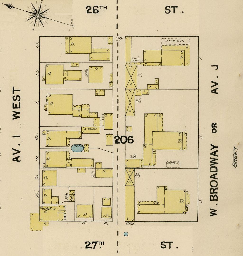 Map 4: Detail of Texas Sanborn Map of Galveston s Block 206, 1889; depicts the location of Quigg-Baulard Cottage at the