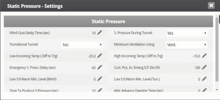 o High Static Pressure Alarm: Set alarm for high static pressure. o Static Pressure Band: Set desired band for the target pressure. 3.6.1.