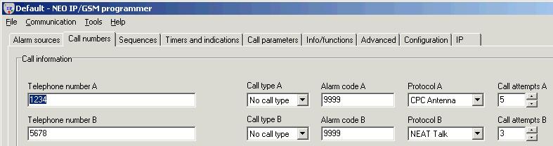 NEO IP Programmer software NEO IP/GSM Technical Handbook Below is an example of how call numbers and sequences works. Picture 17. Setting the parameters for numbers A and B.