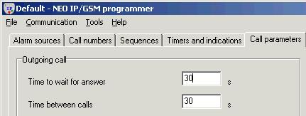 Setting the parameters for sequences 1 and 2 Secondly, the sequences are defined. All user alarms are set to use sequence 1 and sequence 1 calls number A five times (i.e. Call Attempt A) and if there is no answer it continues to call number B three times (i.