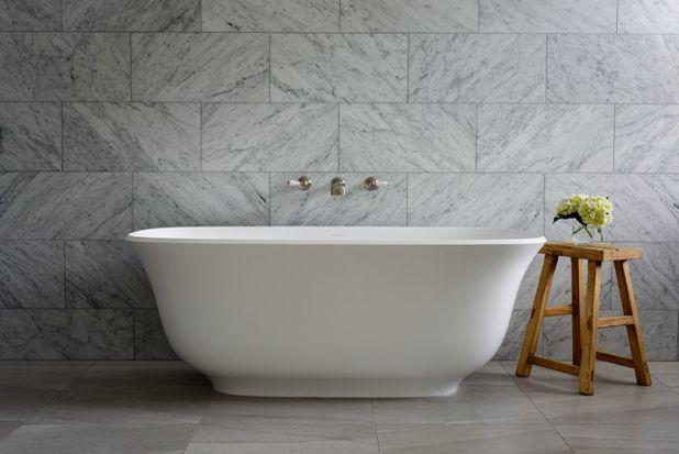 Reece Australia 16. Location: Melbourne, Victoria Why we love it: The interesting but not overwhelming marble tiles are the ultimate backdrop for the organic-shaped bath.