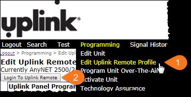1) Go to Programming / Edit Uplink Remote Profile (1). 2) Click the Login into Uplink Remote button (2).