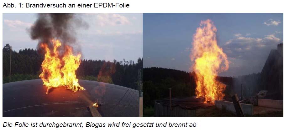 Danger caused by fire Fire test of a single membrane gas holder roof The membrane is burned through and biogas is set free and is burning.