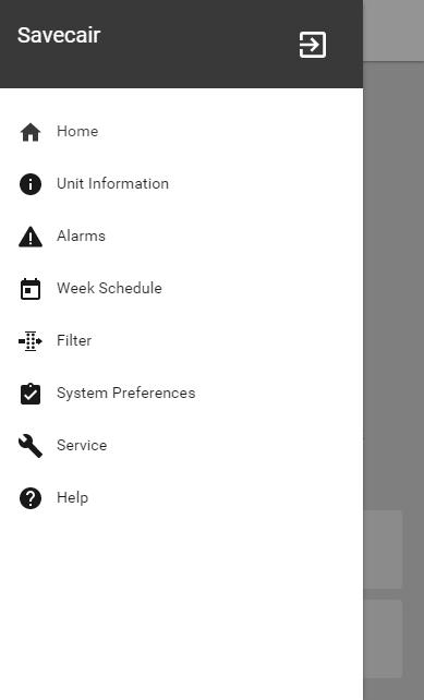 4 SAVECair control 5.4 Menu overview A.Return to home screen B. Basic read-only information about the unit C. Currently active alarms and alarm history D.