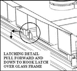 With the glass frame (and glass) at a slight angle (leaving room for your fingers between the frame and the firebox) insert the bottom edge of the frame into the frame retainer located on the bottom