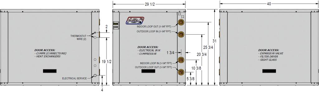 Dimensions Electrical Specifications Electrical Information FLA MCA Maximum Fuse/Breaker V-ø-Hz MIN MAX RLA LRA Max A Amps Amps Amps ga Code Power Supply Compressor In/Outdoor Circulators Minimum