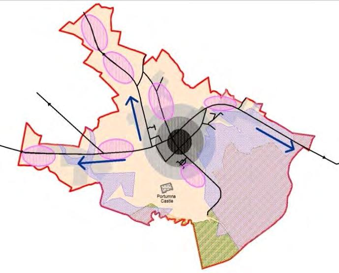the existing town plan boundary to the south and south east.