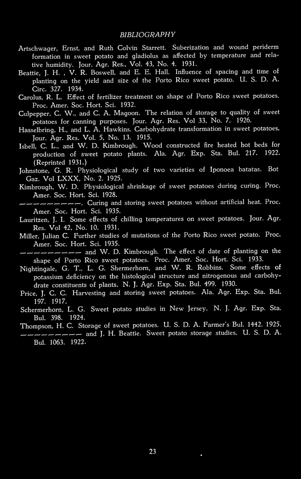 Carolus, R. L. Effect of fertilizer treatment on shape of Porto Rico sweet potatoes. Proc. Amer. Soc. Hort. Sci. 1932. Culpepper, C. W., and C. A. Magoon.