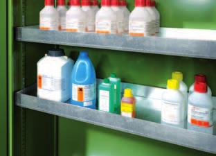 Liquids that are required in the daily work flow are stored safely in Lista oil cabinets. Pull-out shelves hold the liquid canisters. Drops of liquid are collected in the drip tray.