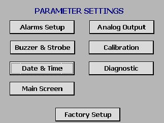 4.0 SETUP AND CALIBRATION (PARAMETER SETTINGS) This section describes the screen, alarm and interface features accessed through the Main Panel. See Controller Setting Sheet (Section 6.