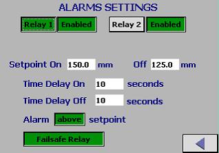 **If selected as general purpose only. Figure 10 Alarm Setup Screen View Touch Relay 1 icon so that it is green. Enter the values of parameters described below.