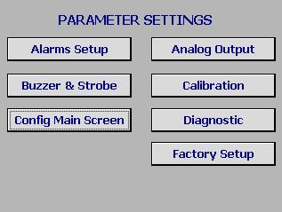 4.0 SETUP AND CALIBRATION (PARAMETER SETTINGS) This section describes the screen, alarm and interface features accessed through the Main Panel. See Controller Setting Sheet (Section 6.