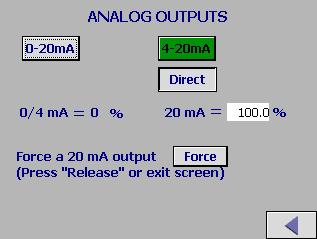 4.3 Analog Output Figure 11 Analog Output Screen View The Passcode 2000 will be required to make changes in this section. 0-20mA vs 4-20mA Select the ma output range for your application.