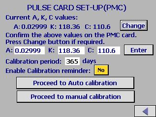 4.5 Calibration After the above setup parameters have been entered for the application a calibration is required. Enter the calibration menu. A Pulse Card set up will be required.