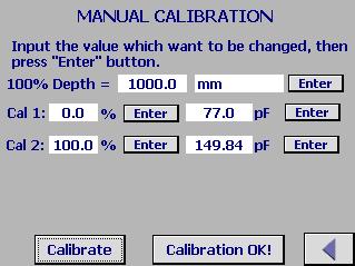 Raise or lower level in tank to the specified % level and press capture to confirm. The new capacitance value in pf and Captured will display.
