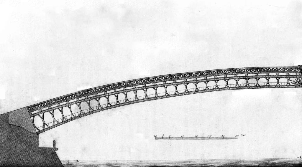 project for building an iron bridge of one arch from 120 to 600 French feet span, by Vincent de Maupetit [or Montpetit], 1779 (cast iron with a wrought iron bond) Repertory of Arts, XX (1812), p 351: