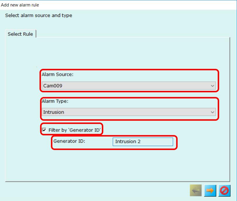 Select target camera from Alarm Source list Select target Alarm Type from the list Enable Filter by Generator ID checkbox.