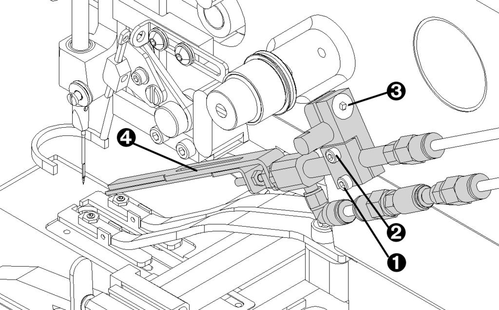 6. THREAD PICK-UP ADJUSTMENT F - INDEXER - STRAIGHT If the thread is not caught and held after trimming it is necessary to adjust the thread pick-up. 1. The machine must be in the home position. 2.