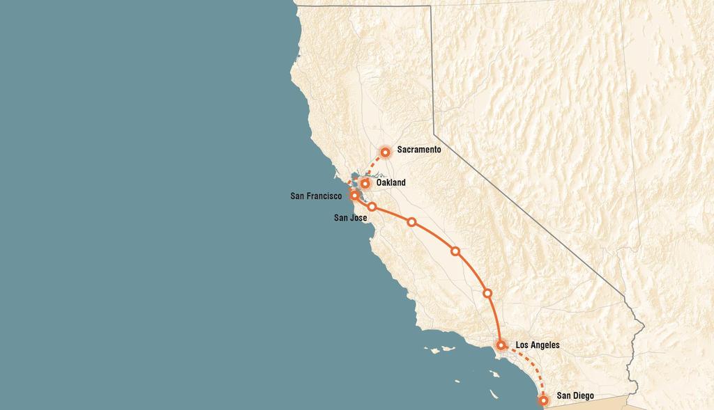 CONNECTING CALIFORNIA 4,300 lane miles + 115 Airport gates would be needed to create equivalent capacity of high speed rail CALIFORNIA 2015 2065 GROWTH Population 39 M 52 M + 33%