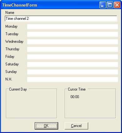 Figure 26. Left: The "Time channel 2" dialog box without any programming done. Right: One time interval is programmed for the Monday (time channel 2 is "on" 07:00 16:00).