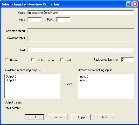 Figure 15. The Win128 dialog box "Interlocking Combination". Logical Name: Displayed in the Win128 Tree and List views.