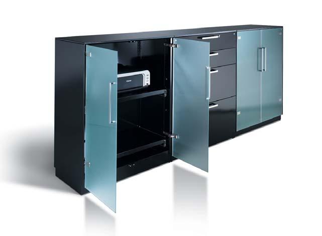 Symbio sideboard: Satin-finish glass doors, technology, pull-out shelves, drawers everything is integrated.