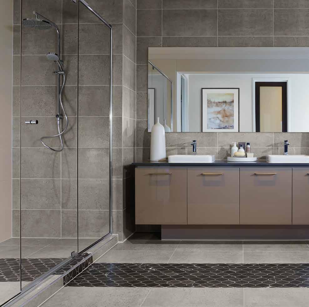 Hand-held water saving shower rail with oversized rain style shower head Oversized vanity width mirror Sleek