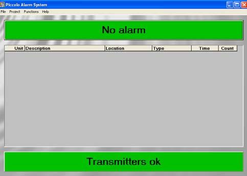 4. Brugerflade 4: User Interface The User Interface of the alarm system is a monitoring screen divided in 3 fields. The top field No alarm is green when there is no alarm.