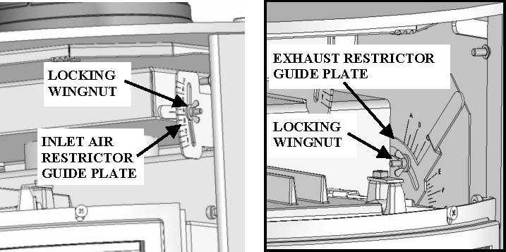To access the restrictor adjustment guide plates, you must first remove the front air louver from the stove. To do this, first loosen the four decorative fasteners that secure the stove top.