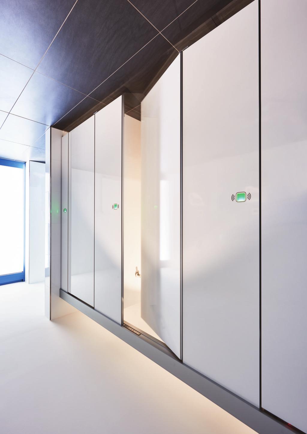 This new WC partition wall means you can open and close the cubicle door without touching it, thanks to the aid of modern LED and sensor technology.