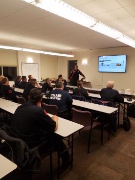 Captain Lynema instructed on Ice Rescue equipment, including the cold water suits, and discussed the hands on portion of the training that will be conducted in