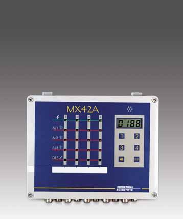 3 24 MX 42A Controller 1-4 Analog input channels On-board relays 4-20 ma pass-through 3 gas alarm thresholds, 1 fault alarm LCD displays concentrations Continuous self-checking SPECIFICATIONS
