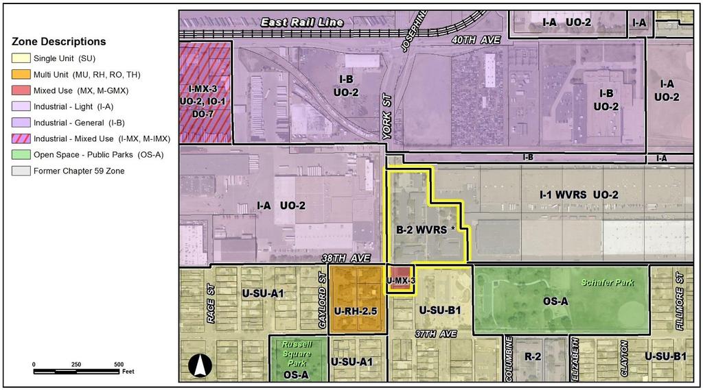 Page 6 1. Existing Zoning There are two zone districts mapped across the subject site. The U-MX-3 zone district allows a mix of commercial and residential uses.