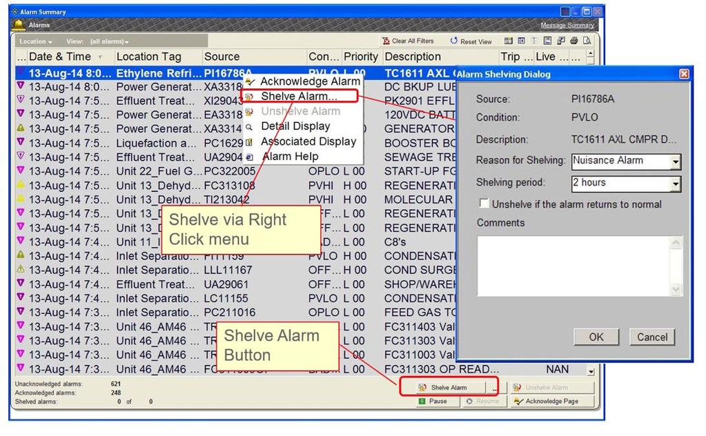Honeywell Experion Continuous 3 When shelving an alarm, the operator can document the reason for shelving by selecting from a list of predefined reasons.