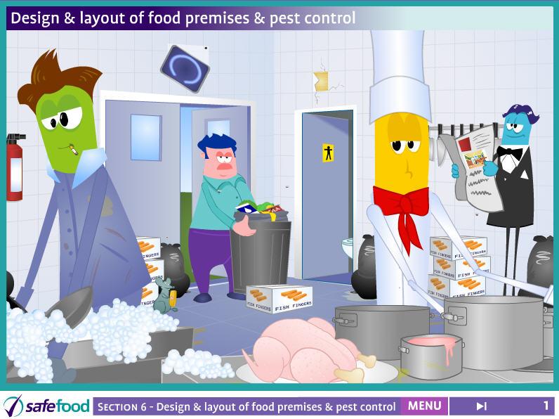screen 1 Design & layout of food premises & pest control This screen shows a busy kitchen scene with with a number of hazards to food safety.