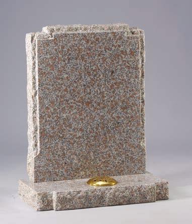 Rustic shaped headstone with natural carved roses and natural rock pitched edges. The base has a centre hole for a CH13 Autumn Brown Granite. A rustic margin follows the check shaped shoulder.