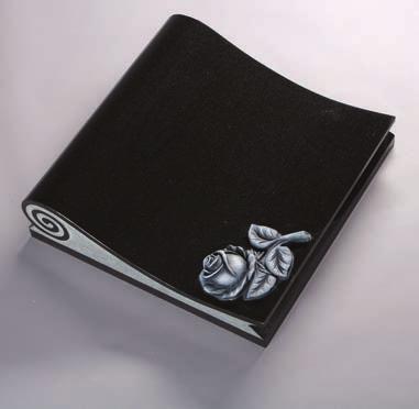 C24 All Polished Black Granite. A scroll shaped book tablet with a carved and highlighted rose.